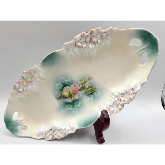 Antique 1890s RS Prussia Gold Trimmed Reflecting Water Lilies 9.5" Celery Dish - Picture 4 of 10